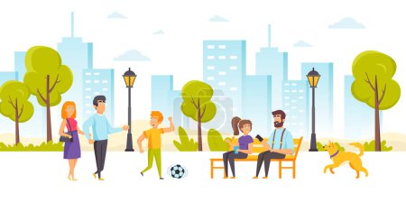 Téléchargez les photos : Funny people spending time together in park. Happy family with son playing football, father and daughter sitting on bench and talking, dog running along street. Flat cartoon illustration. - en image libre de droit