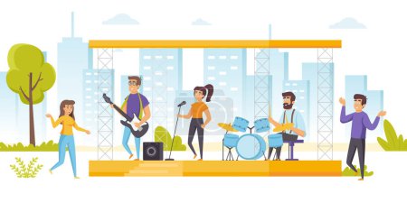 Téléchargez les photos : Happy people enjoying music at open air concert, summer musical performance. Musicians and singers performing on outdoor stage and fans or audience dancing around. Flat cartoon illustration. - en image libre de droit