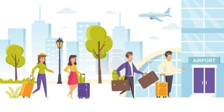 Téléchargez les photos : Happy men and women with suitcases walking towards airport terminal building. Funny tourists or travelers with baggage or luggage hurry for flight departure. Flat cartoon illustration. - en image libre de droit
