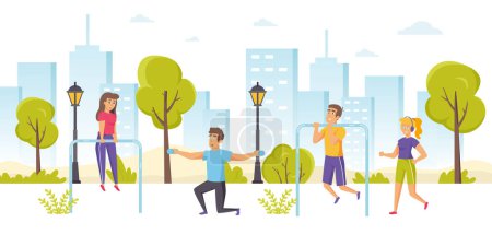 Téléchargez les photos : Happy men and women jogging or running, performing pull-ups, exercising with dumbbells in park. Outdoor sports training, street strength workout, healthy lifestyle. Flat cartoon illustration. - en image libre de droit
