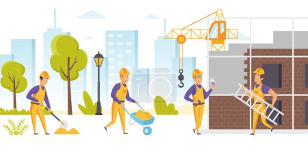 Photo for Group of builders in hard hats and uniform working on construction site. Workers using wheelbarrow, carrying ladder, digging, constructing building. City development. Flat cartoon illustration. - Royalty Free Image