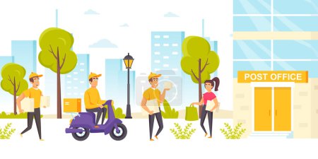 Photo for Couriers in uniform with packages walking or riding scooter to post office building. Postmen or mailmen delivering parcels. Express delivery or postal service. Flat cartoon illustration. - Royalty Free Image