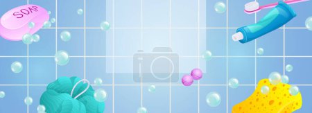 Photo for Bath wash horizontal web banner. Bubbles foam, soap, sponge, toothpaste, toothbrush and other hygiene products in bathroom. Illustration for header website, cover templates in modern design - Royalty Free Image