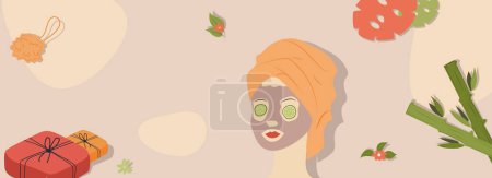 Foto de Salón de belleza pancarta web horizontal. Mujer en toalla y mascarilla facial hidratante, mascarillas de sábanas, regalos, plantas de bambú en spa. Ilustración para el sitio web de cabecera, plantillas de portada en diseño moderno - Imagen libre de derechos