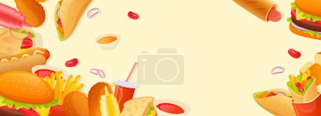 Foto de Banner web horizontal de comida rápida. Taco, perrito caliente, hamburguesa, cola, sándwich, papas fritas, ketchup, mostaza y otros aperitivos. Ilustración para el sitio web de cabecera, plantillas de portada en diseño moderno - Imagen libre de derechos