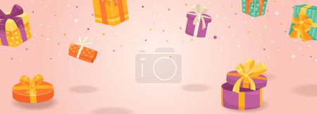 Téléchargez les photos : Gifts horizontal web banner. Colorful cardboard boxes with bows for presents for birthdays, Christmas and other holidays. Illustration for header website, cover templates in modern design - en image libre de droit