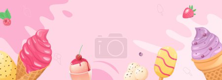 Photo for Ice cream horizontal web banner. Colored sweet cold desserts in waffle cups, ice lolly and gelato with topping and berries. Illustration for header website, cover templates in modern design - Royalty Free Image