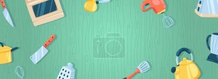 Téléchargez les photos : Kitchen appliances horizontal web banner. Knife, oven, mixer, cezve, saucepan, grater, whisk, spatula, toaster and utensils. Illustration for header website, cover templates in modern design - en image libre de droit