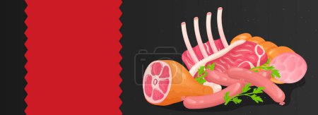 Photo for Meat horizontal web banner. Pork, beef, knuckle, ribs, sausage, steak, other fresh raw products in butcher market assortment. Illustration for header website, cover templates in modern design - Royalty Free Image