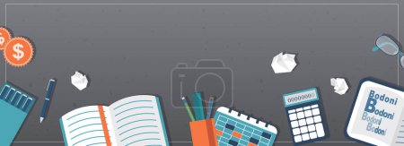 Photo for Office stuff horizontal web banner. Notepad, pens, calendar, calculator, and other stationery and supply at workplace desktop. Illustration for header website, cover templates in modern design - Royalty Free Image