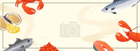 Photo for Seafood horizontal web banner. Different fish, mackerel, salmon, red caviar, crab, lobster, oyster with lemon, other products. Illustration for header website, cover templates in modern design - Royalty Free Image