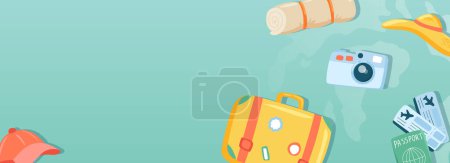 Photo for Summer vacation horizontal web banner. Cap, suitcase luggage, mat, photo camera, passport and plane tickets, travel to resort. Illustration for header website, cover templates in modern design - Royalty Free Image