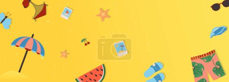 Foto de Summer vacation horizontal web banner. Swimsuit, umbrella, watermelon, photo, flip flops, shorts, sunglasses, travel to resort. Illustration for header website, cover templates in modern design - Imagen libre de derechos