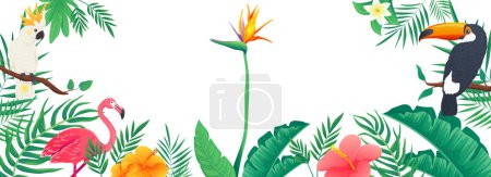 Foto de Tropical horizontal web banner. Jungle plants, leaves of palm tree, monstera, banana, flowers, toucan, flamingo and parrot. Illustration for header website, cover templates in modern design - Imagen libre de derechos