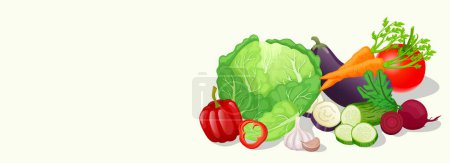 Photo for Vegetable horizontal web banner. Cabbage, pepper, garlic, cucumber, beet, carrot, tomato, eggplant, healthy fresh farm food. Illustration for header website, cover templates in modern design - Royalty Free Image