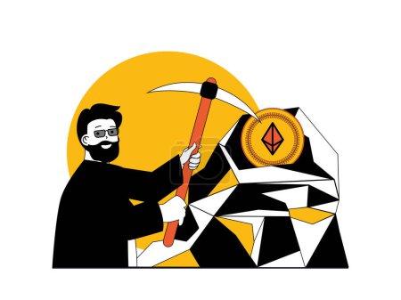 Foto de Cryptocurrency marketplace concept with character situation. Man with pickaxe at mining farm extracting bitcoins and other crypto coins. Illustrations with people scene in flat design for web - Imagen libre de derechos