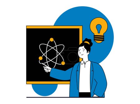 Foto de Education concept with character situation. Teacher points to atom structure and explains new material at physics lesson in classroom. Illustrations with people scene in flat design for web - Imagen libre de derechos