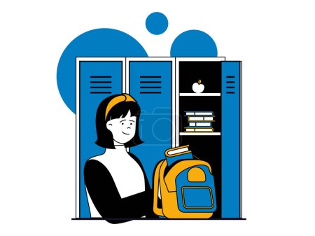 Foto de Education concept with character situation. Student with backpack stands at locker in hallway and takes books for next lesson in college. Illustrations with people scene in flat design for web - Imagen libre de derechos