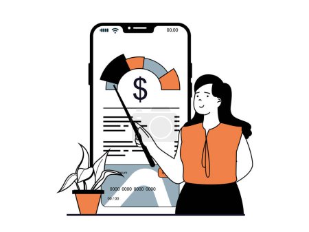 Finance concept with character situation. Woman analyzes financial profit and controls her savings in account using mobile application. Illustrations with people scene in flat design for web