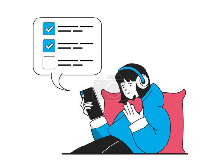 Photo for Freelance concept with character situation. Woman in headphones doing work tasks from to-do list and working on smartphone online at home. Illustrations with people scene in flat design for web - Royalty Free Image