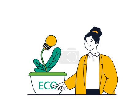 Foto de Green energy concept with character situation. Woman uses alternative and ecological energy source to generate electricity, protect nature. Illustrations with people scene in flat design for web - Imagen libre de derechos