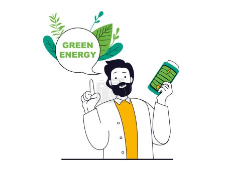 Foto de Green energy concept with character situation. Man holding battery with eco friendly technology, renewable source and nature conservation. Illustrations with people scene in flat design for web - Imagen libre de derechos