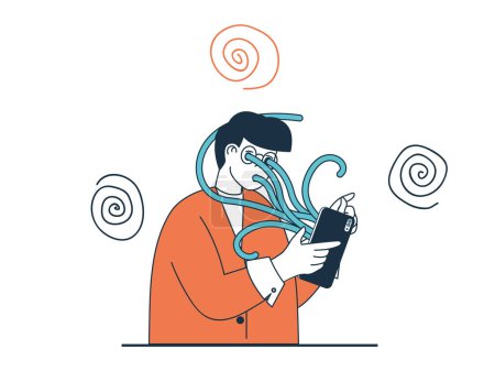 Téléchargez les photos : Internet addiction concept with character situation. Man obsessing over networking and swallowed by smartphone screen with tentacles. Illustrations with people scene in flat design for web - en image libre de droit