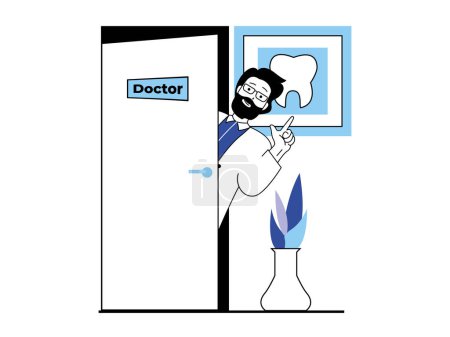 Foto de Medical concept with character situation. Dentist standing at door of office and waiting for patients. Doctor working in dental clinic. Illustrations with people scene in flat design for web - Imagen libre de derechos