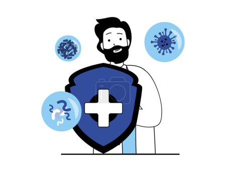 Téléchargez les photos : Medical concept with character situation. Doctor holds shield, protects health and immunity from diseases and viruses, makes vaccination. Illustrations with people scene in flat design for web - en image libre de droit