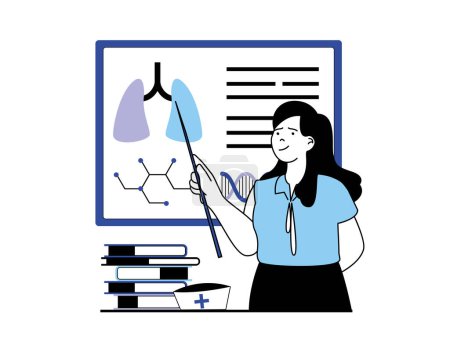 Foto de Medical concept with character situation. Doctor researcher points to lungs, diagnosis and learning human anatomy, working at clinic. Illustrations with people scene in flat design for web - Imagen libre de derechos