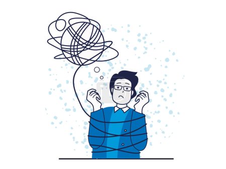Foto de Mental health concept with character situation. Sad man with confused thoughts tied with rope of negative thinking and emotion problem. Illustrations with people scene in flat design for web - Imagen libre de derechos