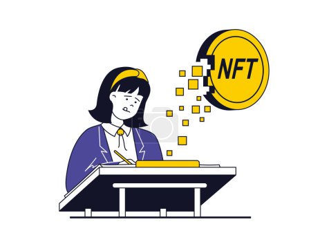Foto de NFT token concept with character situation. Woman artist creates digital art with NFT technology, sells masterpieces at virtual auction. Illustrations with people scene in flat design for web - Imagen libre de derechos