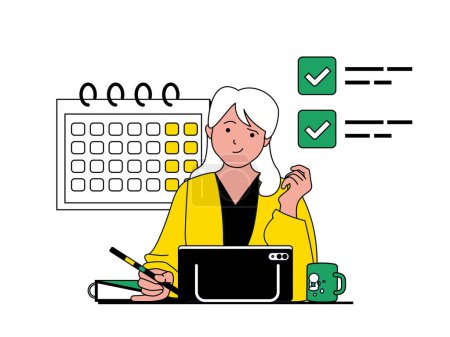 Foto de Productivity workplace concept with character situation. Woman plans tasks on calendar and successfully completes tasks before deadline. Illustrations with people scene in flat design for web - Imagen libre de derechos