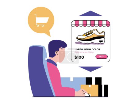 Photo for Shopping concept with character situation. Man chooses sneakers on website of sports footwear store, makes order and paying online. Illustrations with people scene in flat design for web - Royalty Free Image
