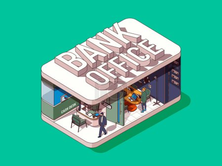 Photo for Bank office concept in 3d isometric graphic design. Financial service and banking, account opening customer, cash desk. Illustration with people in isometric room interior for web banner - Royalty Free Image