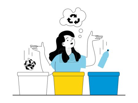 Foto de Concepto de cero residuos con situación de carácter. La mujer recoge, clasifica y separa la basura en recipientes especiales para su reciclaje y reutilización. Ilustraciones con personas escena en diseño plano para web - Imagen libre de derechos