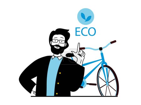 Photo for Zero waste concept with character situation. Man cares about environment and ecology of planet, rides bicycle and leads healthy lifestyle. Illustrations with people scene in flat design for web - Royalty Free Image