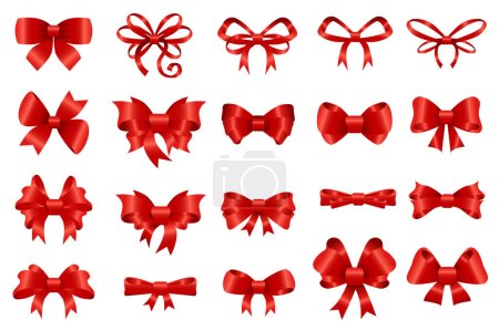 Photo for Red bows set graphic elements in flat design. Bundle of different types of decorative silk or satin bows for gifts, wrapping invitation and decorating presents. Illustration isolated objects - Royalty Free Image
