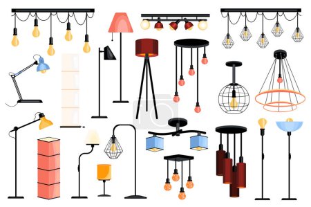 Foto de Las lámparas establecen elementos gráficos de diseño plano. Paquete de diferentes tipos de lámparas de mesa y de pie, lámparas de araña, bombillas colgantes con pantallas de lámparas modernas y otros. Ilustración objetos aislados - Imagen libre de derechos