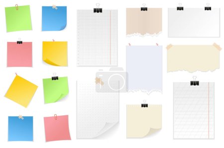 Note papers set graphic elements in flat design. Bundle of different types of notebook sheets, torn pieces of paper, colored stickers with tapes, pins or clips. Illustration isolated objects