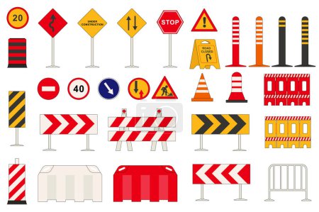 Photo for Road signs set graphic elements in flat design. Bundle of signpost and direction pointers, speed limit, detour, under construction, stop, turn, repair work, other. Illustration isolated objects - Royalty Free Image