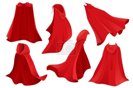 Photo for Superhero red cape set graphic elements in flat design. Bundle of fabric silk cloak in front, side and back view, flowing and flying comic masquerade costume. Illustration isolated objects - Royalty Free Image