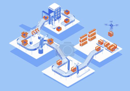 Automated industry concept 3d isometric web people scene with infographic. Robotic arms working in assembly line, sorting and packing, shipment by drone. Illustration in isometry graphic design