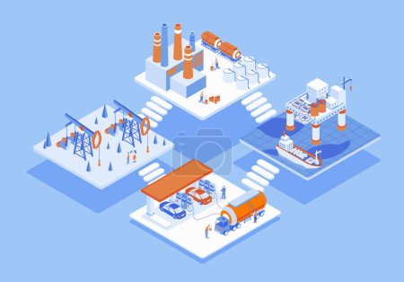 Photo for Oil industry concept 3d isometric web scene with infographic. People working at onshore and offshore oil fields, refinery plants process, gas station. Illustration in isometry graphic design - Royalty Free Image
