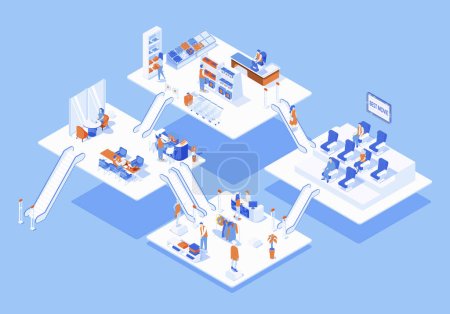 Photo for Shopping mall concept 3d isometric web scene with infographic. People buying at supermarket and clothing store, watch movie in cinema, work in coworking. Illustration in isometry graphic design - Royalty Free Image