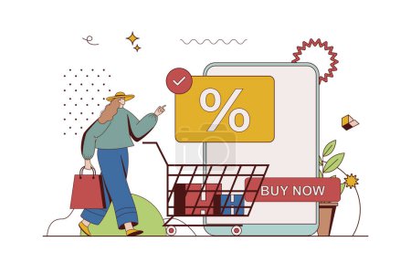 Photo for Commerce concept with character situation in flat design. Woman making purchases at discount prices, buying groceries in supermarket, online shopping. Illustration with people scene for web - Royalty Free Image