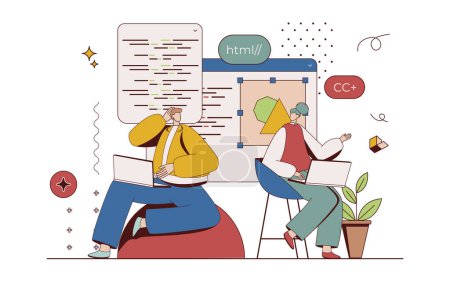 Photo for Developers team concept with character situation in flat design. Man and woman discussing project, working with abstract code, programming software. Illustration with people scene for web - Royalty Free Image