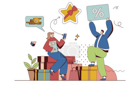 Photo for Shop loyalty program concept with character situation in flat design. Man and woman regular customers receive bonuses gifts and discount cards from store. Illustration with people scene for web - Royalty Free Image