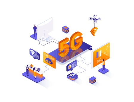 Photo for 5G Internet isometric web banner. Mobile telecommunication system isometry concept. 5G generation standard 3d scene, cellular network technology flat design. Illustration with people characters. - Royalty Free Image