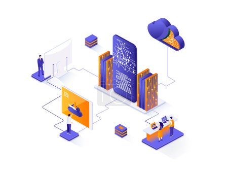 Photo for Datacenter technology isometric web banner. Internet hosting platform isometry concept. Data center computing, cloud database service 3d scene, flat design. Illustration with people characters. - Royalty Free Image